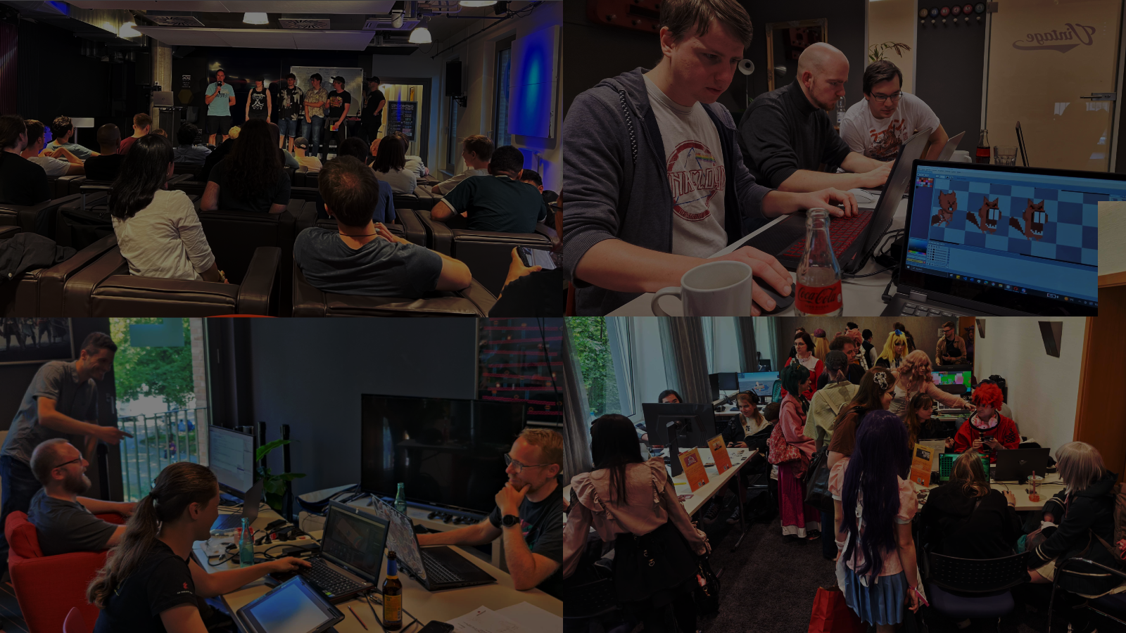 Ein Bild mit dem Logo des Hannover Game Developer MeetUps im Zentrum und vier Bildern, die Mitglieder bei verschiedenen Events der Community zeigen.